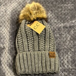 C.C Grey Knit Beanie with Tan Faux Fur Pom